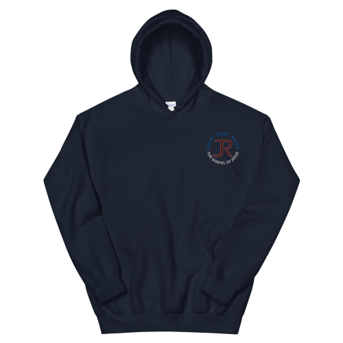 Navy blue pull-over hoodie with with JR logo and Know Show Share the gospel of Jesus