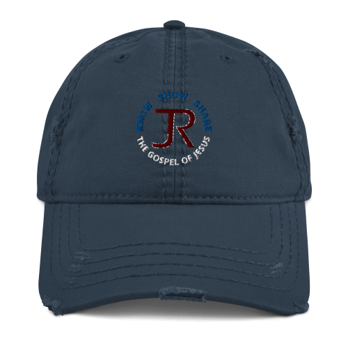 Navy blue distressed baseball cap with JR logo and Know Show Share the gospel of Jesus