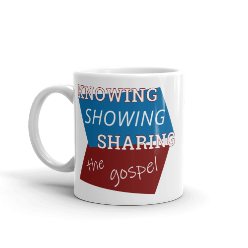 Front of 11 oz white cup with Knowing showing sharing the gospel on blue and red background