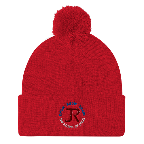 Red pom-pom beanie with JR logo and Know Show Share the gospel of Jesus