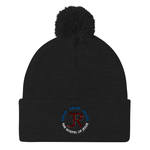 Black pom-pom beanie with JR logo and Know Show Share the gospel of Jesus