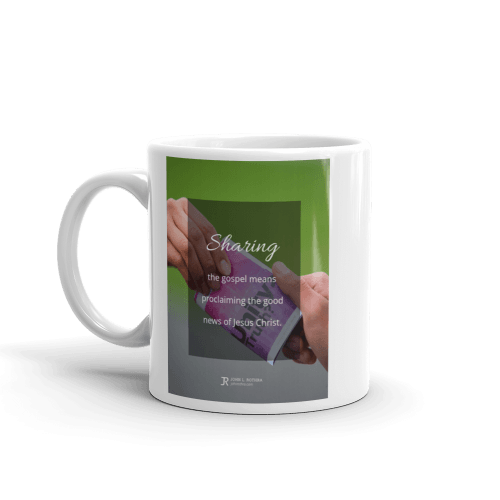 11 oz white cup with definition of sharing the gospel over picture of someone giving out a gospel tract