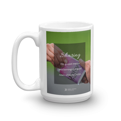 15 oz white cup with definition of sharing the gospel over picture of someone giving out a gospel tract