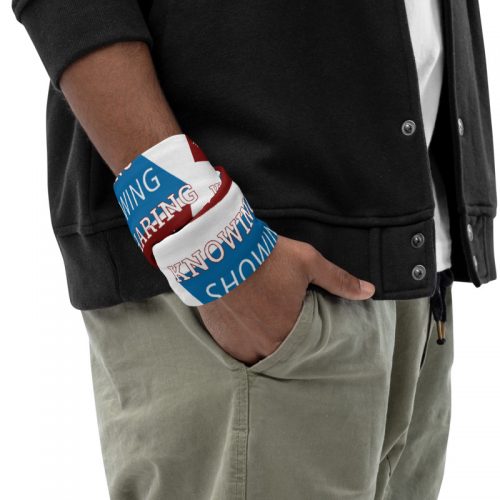 Man wearing neck gaiter as wristband with Knowing Showing Sharing the gospel