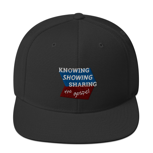 Black snapback hat with Knowing Showing Sharing the gospel on blue and red background