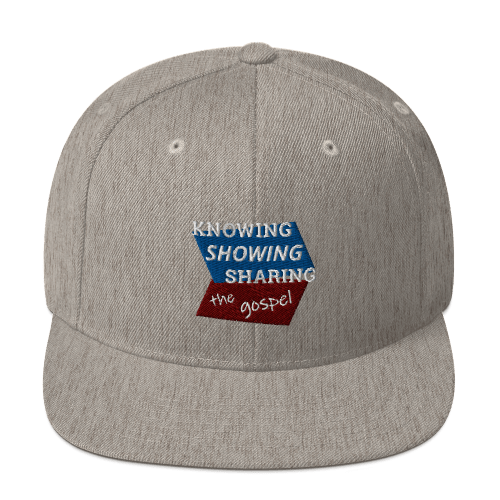 Light gray snapback hat with Knowing Showing Sharing the gospel on blue and red background