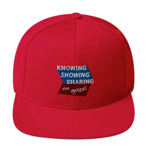 Red snapback hat with Knowing Showing Sharing the gospel on blue and red background