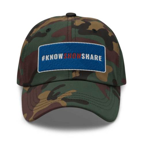 Green camouflage dad hat with hashtag Know Show Share inside a blue rectangle with white border